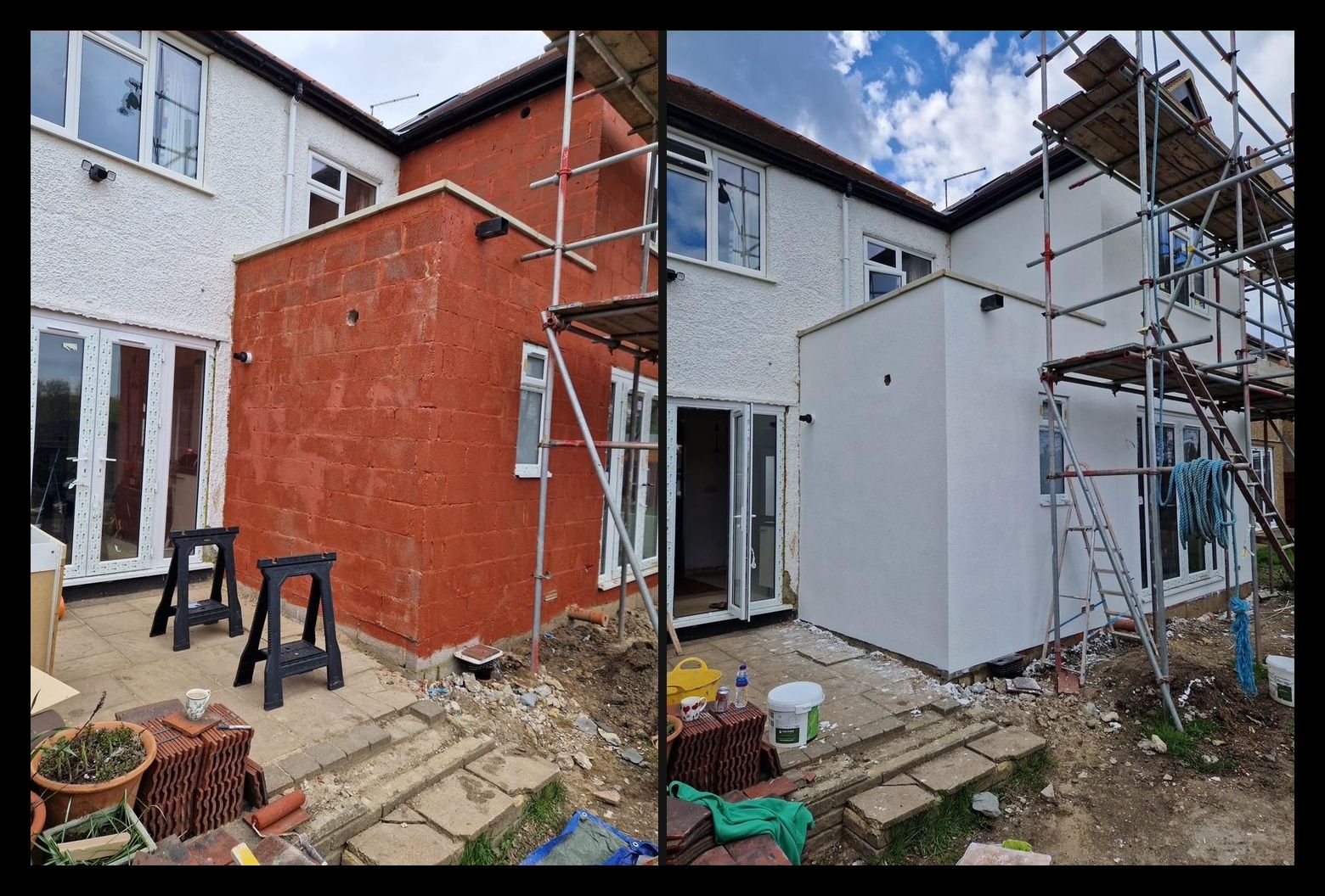 Rear extension before and after, finished in white silicone render