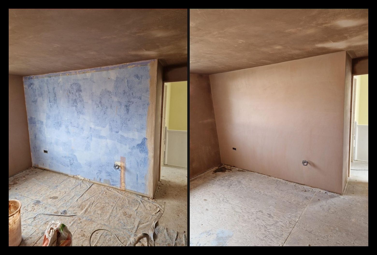 Wall before and after skim finish