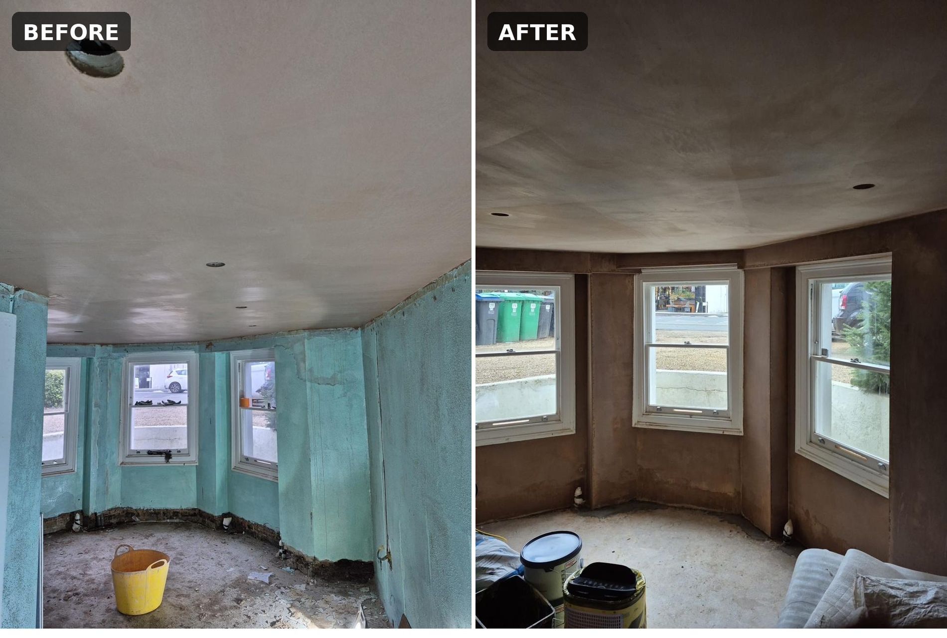Bay window room before and after plastering