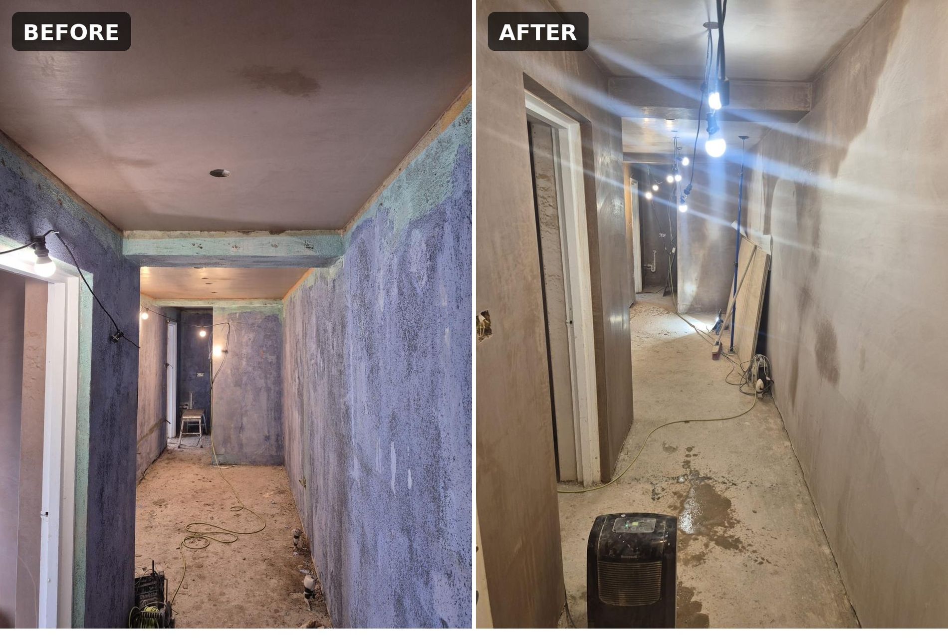 Hallway before and after plastering and dry lining